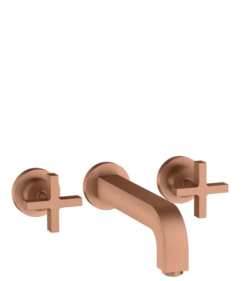 Wandmontierte 3-Loch Waschtischarmatur von AXOR mit auslaufendem Arm und Kreuzgriffen in brushed red gold. Minimalistisches Design mit runden Rosetten.